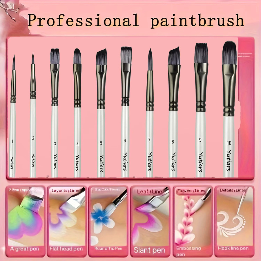 Yutiars 10-teiliges professionelles Künstler-Pinsel-Set mit weißen Griffen und Nylonborsten für Aquarell und Gesichtsbemalung - Bild 3