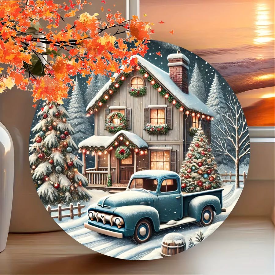 Potdemiel Vintage Weihnachts-Metallschild mit Hütte und LKW zur Dekoration, 20,32 x 20,32 cm - Bild 6