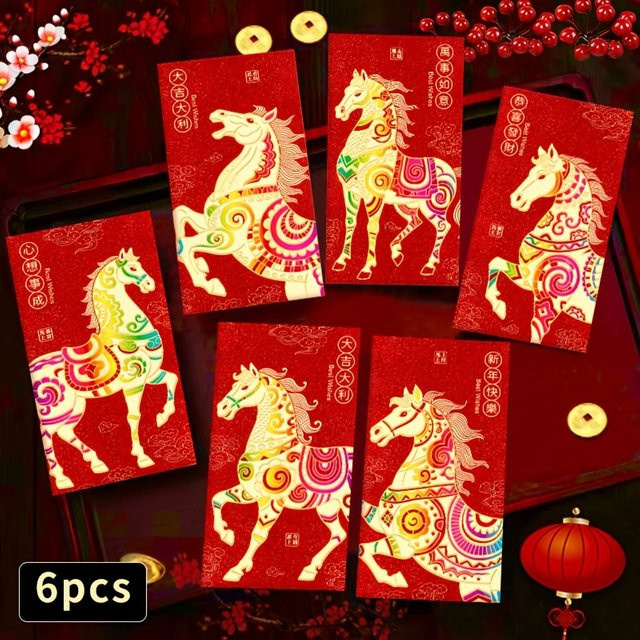 Rote Umschläge für das chinesische Neujahrsfest 2026 mit goldenem Pferdemuster als Glücksgeldbeutel in Rot und Gold - Bild 1