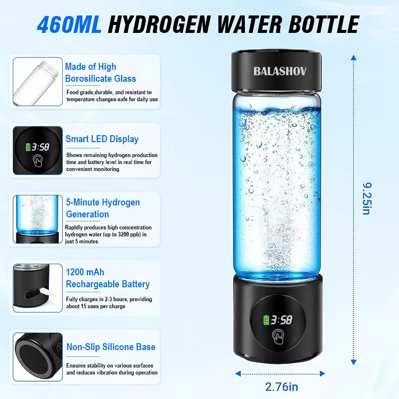 BALASHOV Wasserstoff-Wassergenerator mit SPE+PEM Doppelkammer, PPB und Zeitanzeige, H2-Inhalationsgerät, Schwarz - Bild 6