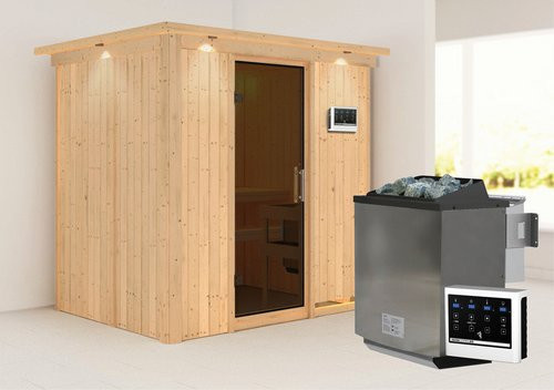 Karibu Sauna Kothla für 3 Personen mit 9 kW Bio-Kombi-Saunaofen und externer Steuerung, beige - Bild 1