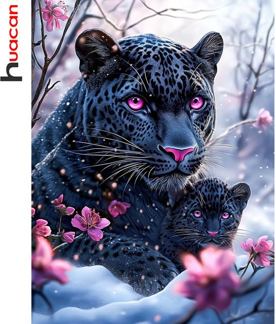Huacan 5D DIY Diamantmalerei Set mit Leopard und Blumen in einer Winterlandschaft, Mosaik-Stickerei Kit für dein Home Decor, Mehrfarbig - Bild 1
