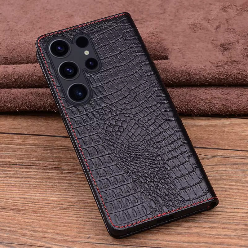 Echtes Rindsleder Flip-Case für Samsung Galaxy S26 Ultra Plus in Schwarz mit Krokodil-Gittermuster im Business-Buchstil - Bild 1