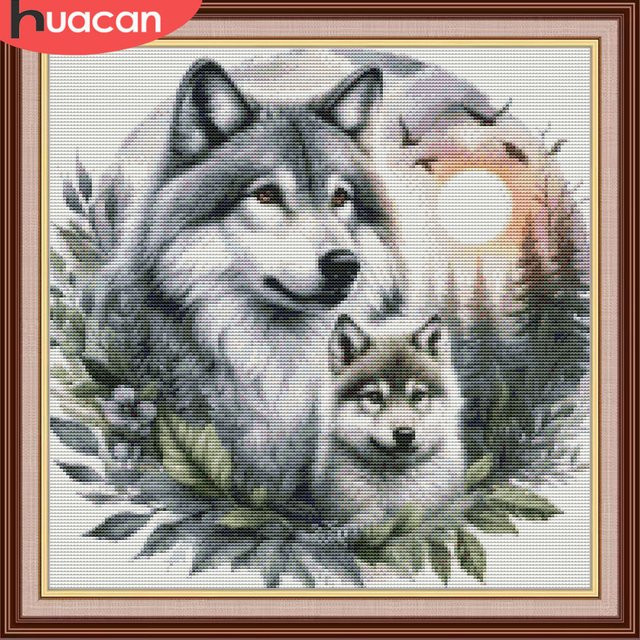 HUACAN Kreuzstich-Set Wolf Stickerei-Set für Erwachsene mit bedruckter Leinwand B/B: 30 x 30 cm - Bild 1