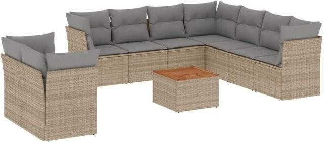 vidaXL 10-tlg. Garten-Sofagarnitur aus Polyrattan und Akazienholz in Beige mit Kissen und Gartentisch - Bild 1