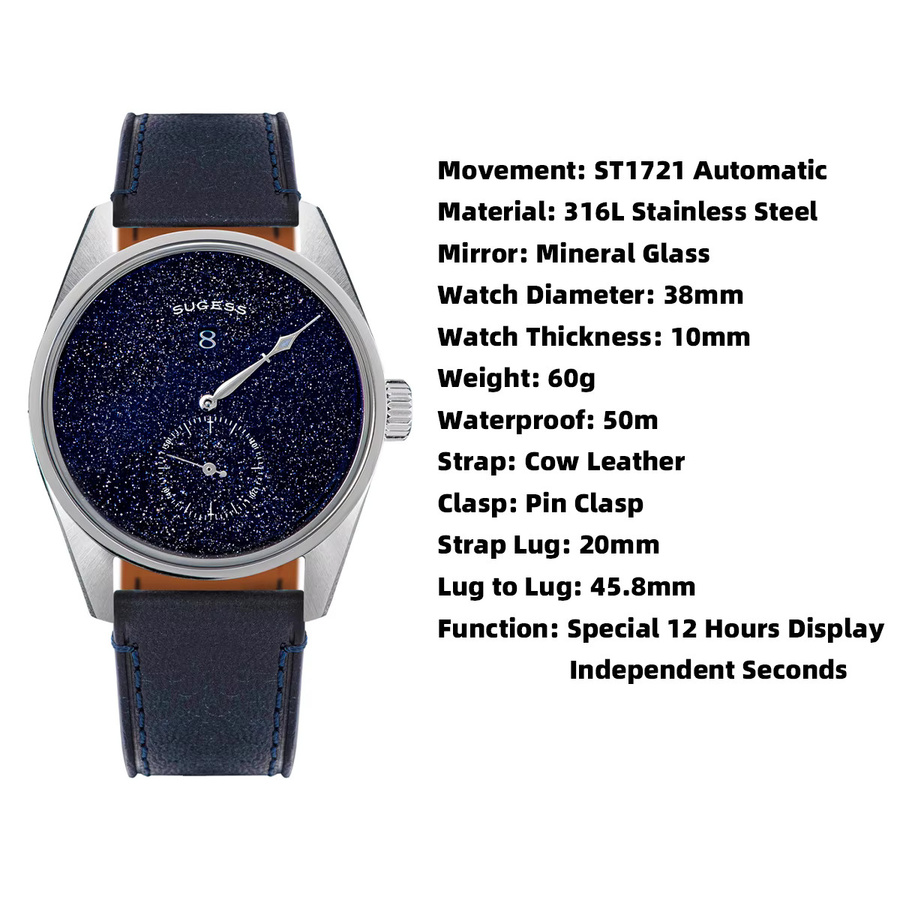 Sugess Armbanduhr Automatik, Edelstahl, Leder, Blau, Herren - Bild 5