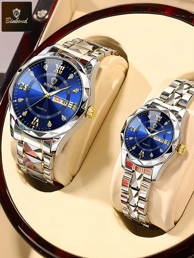 BINBOND Armbanduhren, Quarz, Edelstahl, Diamant, Gold, Blau, Unisex - Bild 6