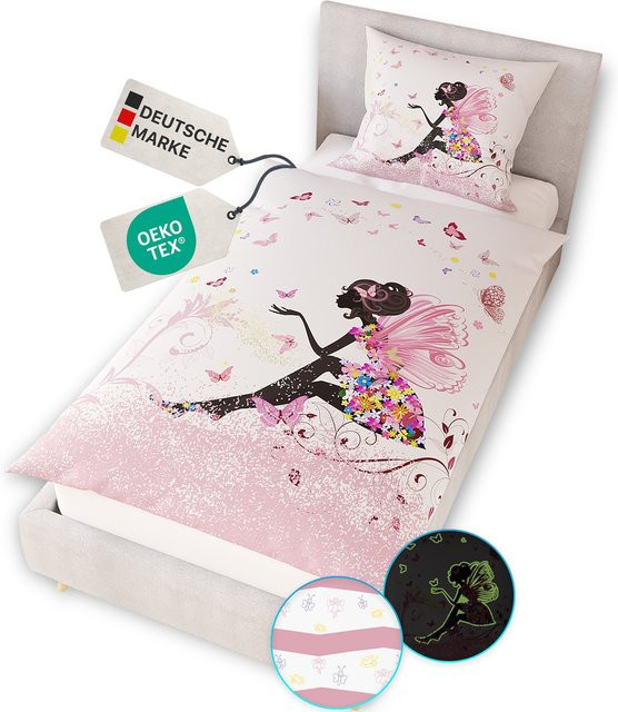 NYVI Renforce Kinderbettwäsche Glow in the Dark aus 100% Baumwolle mit Wendemuster und Reißverschluss, Farbe: Fee, B/H: 135 x 200 cm - Bild 1