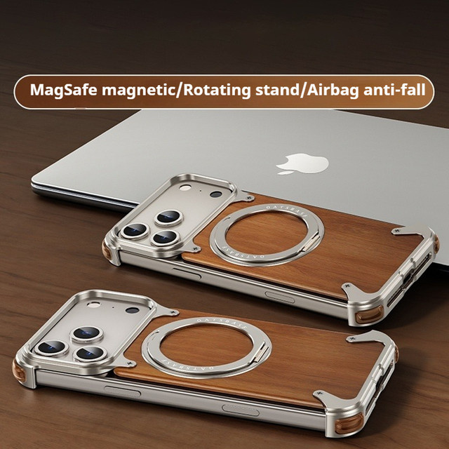Eary Magnetische Holzhülle für iPhone 17 Pro Max Air mit 360 Grad drehbarem Ständer aus massivem Aluminiumholz in Braun und Orange - Bild 1