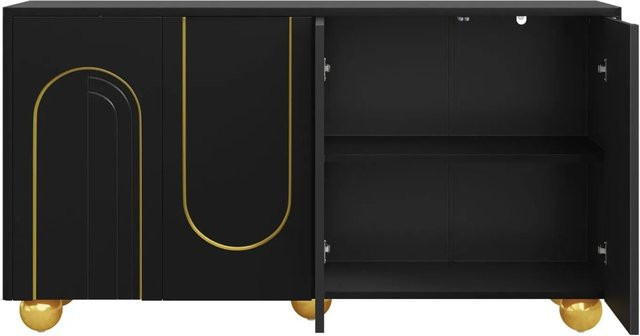 PXloue Sideboard Schwarz mit 4 Türen und Goldbogen-Metallfüßen, B/T/H: 140 x 40 x 74 cm - Bild 1