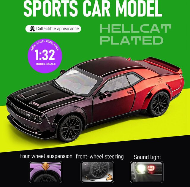 MAKEDA Hellcat Spielzeug-Supercar-Modelle, 1:32, mit Licht und Sound, Metall - Bild 1