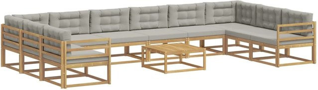 vidaXL Outdoor-Sofagarnitur in U-Form aus massivem Akazienholz mit 11 Kissen in Weiß und Hellgrau - Bild 1