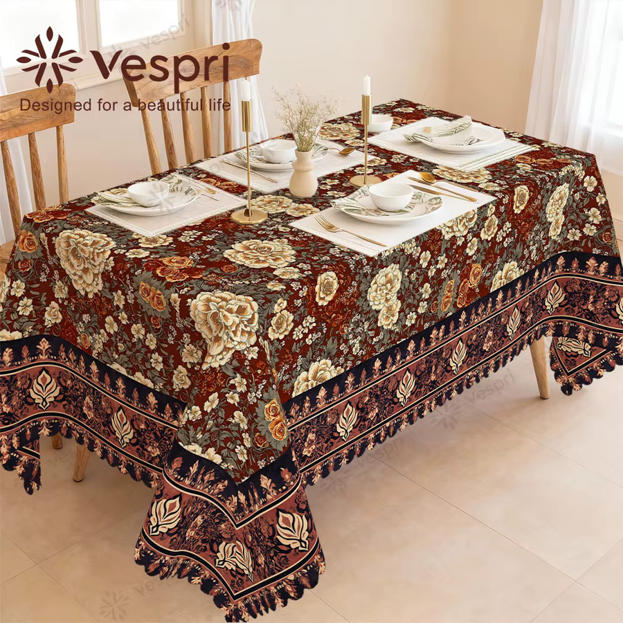 Vespri Florale Oster-Tischdecke mit rotbrauner Blumen-Blatt-Bordüre in Pastellfarben für Ostern und Frühling, Rund, Vintage-Design, Mehrfarbig - Bild 3