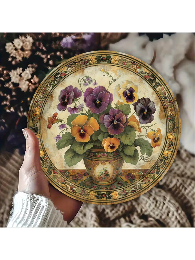Potdemiel Stiefmütterchen Wandkunst im Vintage-Stil, rundes Metallschild mit floralem Blumenmuster, Mehrfarbig, Durchmesser: 20,3 cm - Bild 6