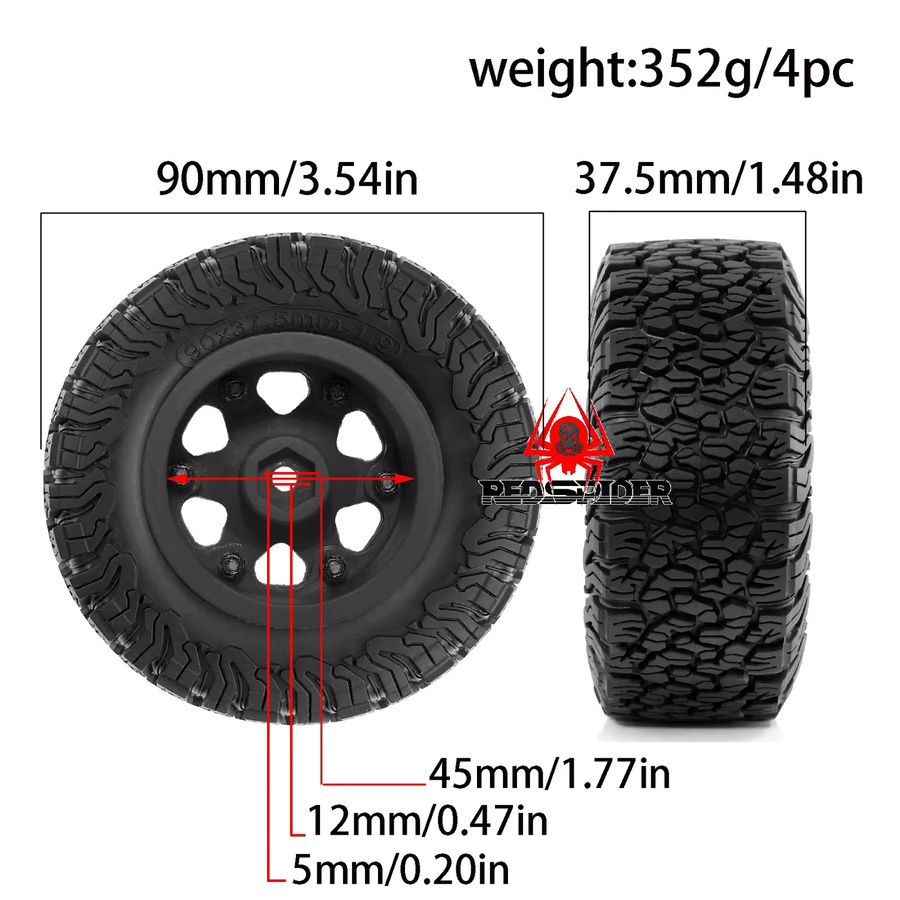 4-teiliges Set RC Crawler-Reifen und Räder, 1,9 Zoll, Schwarz, Gummi und Kunststoff - Bild 2