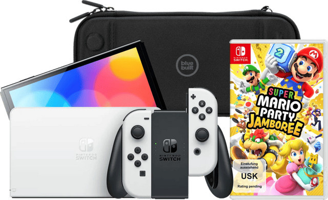 Nintendo Switch OLED Weiß mit Mario Party Jamboree und BlueBuilt Schutzhülle - Bild 1
