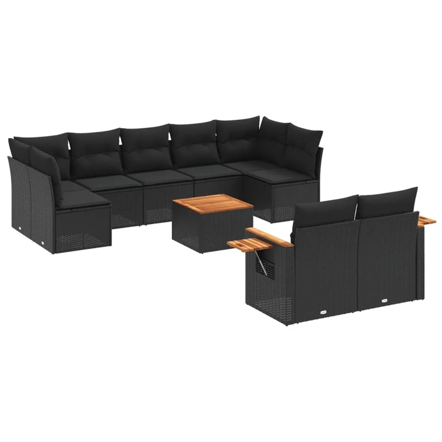 vidaXL 10-teilige Garten-Sofagarnitur aus Poly-Rattan und Akazienholz in Schwarz mit Kissen - Bild 2