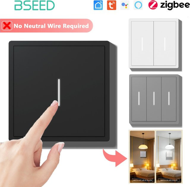 BSEED Zigbee Wandschalter mit Tuya Smart Life und Alexa Sprachsteuerung, weißer smarter Tastenschalter ohne Neutralleiter aus Kunststoff - Bild 1