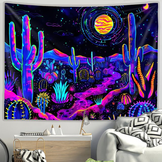 VIKAMA Cthulhu Wüsten-Wandteppich mit Kaktus, Sternen und Mond in Multicolour, Breite: 40 cm, Höhe: 60 cm - Bild 1