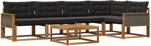 vidaXL Outdoor-Sofagarnitur L-Form aus Akazienholz mit Textilene und 6 Kissen in Schwarz und Natur - Bild 1