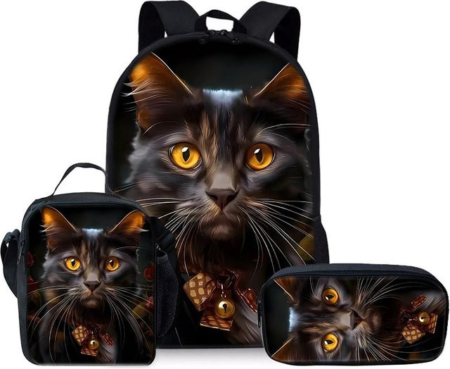 BAOERYE Dreiteiliges Schulset für Kinder mit Katzen-Motiv in Schwarz bestehend aus Rucksack, Brotdose und Federmäppchen - Bild 1