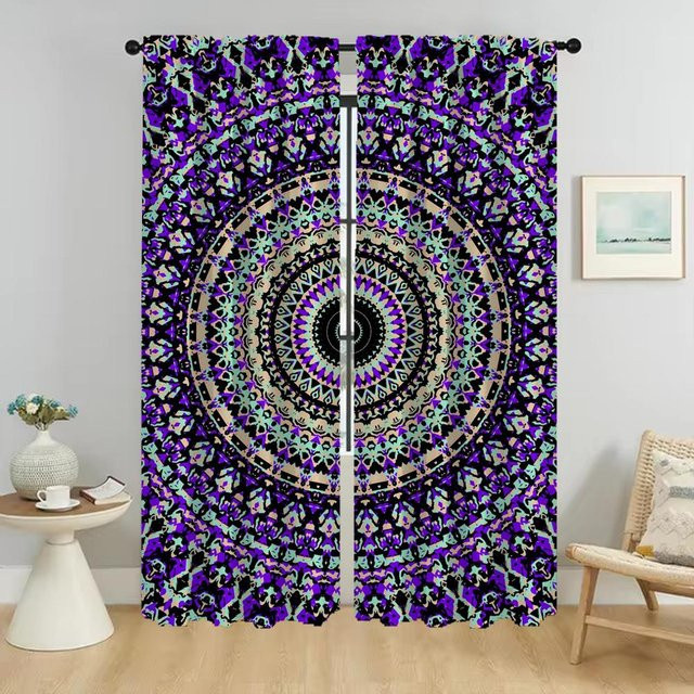 2er-Set bunte Mandala-Tüllvorhänge für Wohnzimmer und Schlafzimmer, halbtransparent mit grafischem Design, Breite: 50 cm, Höhe: 70 cm - Bild 1