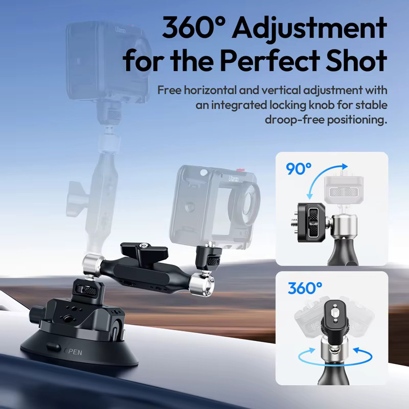 Ulanzi TB15 Kamera-Saugnapf-Autohalterung in Schwarz für GoPro, Insta360, DJI Action Kameras, Smartphones und DSLR mit 1/4 Zoll und 3/8 Zoll Gewinde sowie 360 Grad Verstellbarkeit - Bild 3