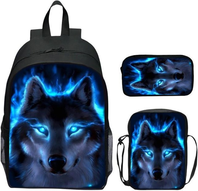 Kinderrucksack-Set Magischer Wolf von Fancy Style Studio in Blau mit Umhängetasche und Federmäppchen, 16 Zoll - Bild 1