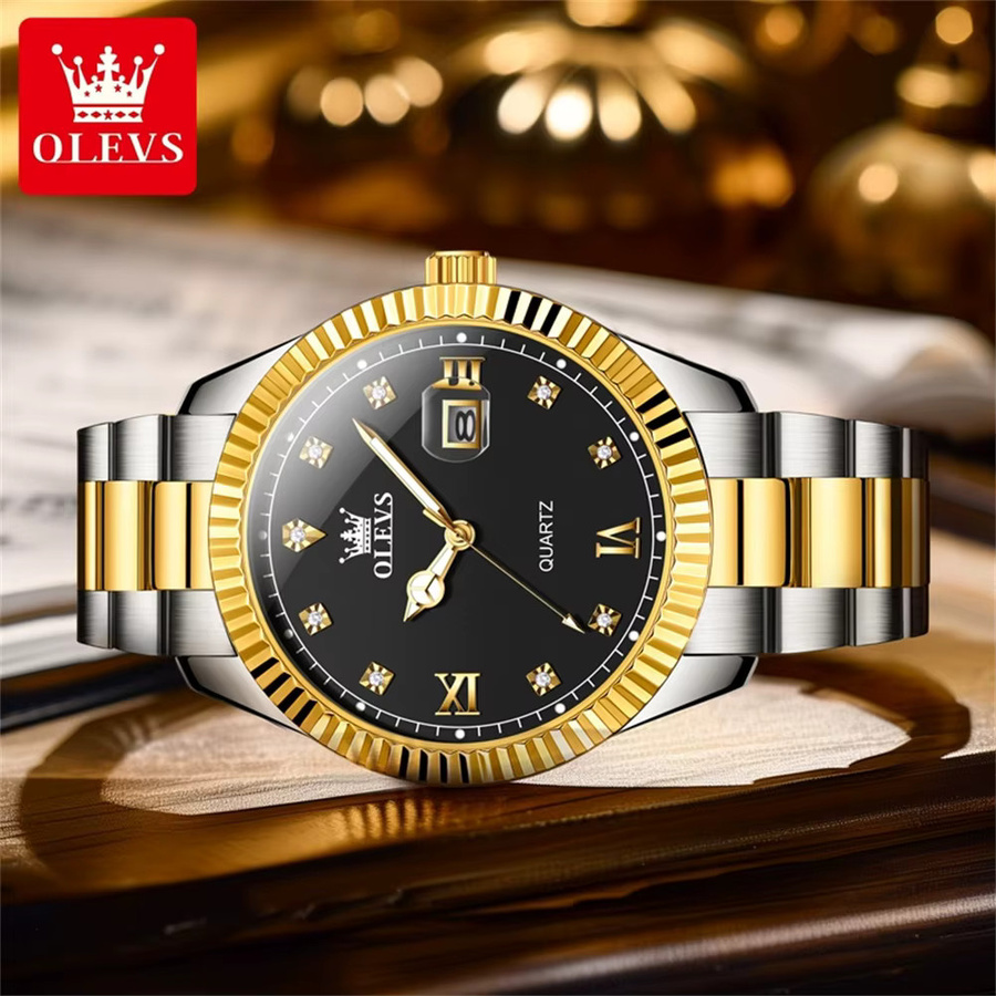 OLEVS Armbanduhr, Quarz, Edelstahl, Gold, Schwarz, Herren - Bild 3