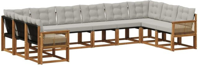 vidaXL Outdoor-Sofagarnitur L-Form aus Akazienmassivholz mit 10 Kissen in Natur und Hellgrau - Bild 1