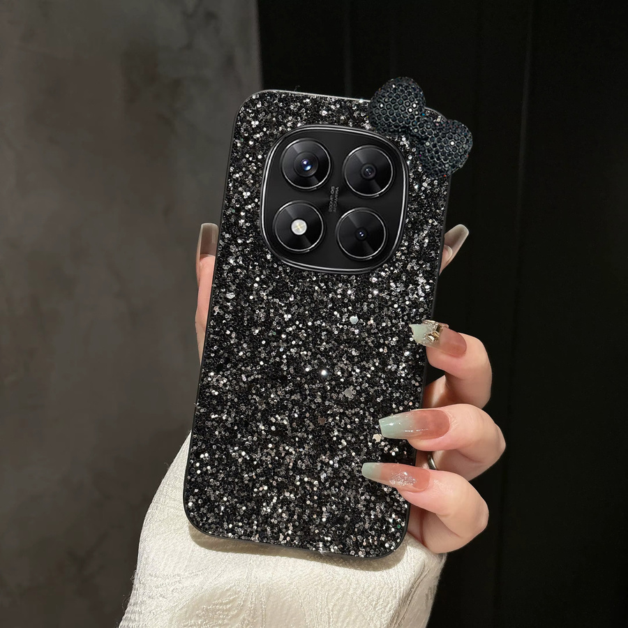 Funkelnde Kunstleder-Handyhülle mit Strass-Steinen und Schleifen-Rückabdeckung für Xiaomi Redmi Note 14 15 4G 5G Pro in Weiß - Bild 2