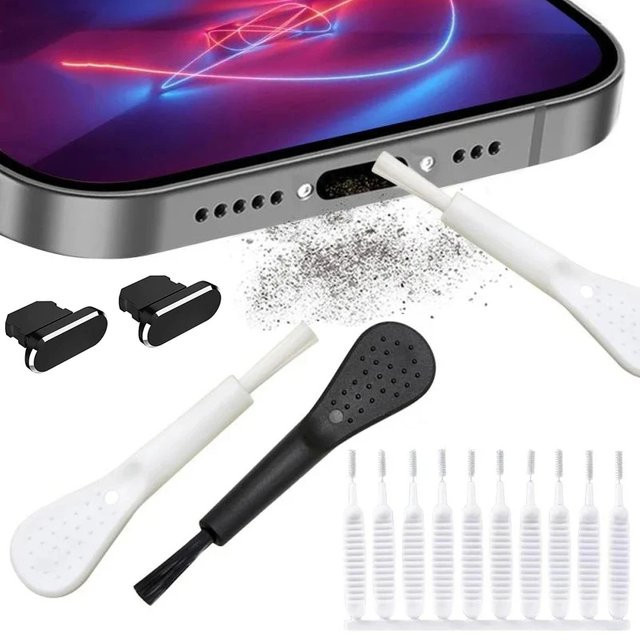 Handy-Ladeanschluss Staubstopfen mit Reinigungsbürsten-Set für iPhone, AirPods und iPad, Farbe: Weiß, Anschluss: Lightning - Bild 1