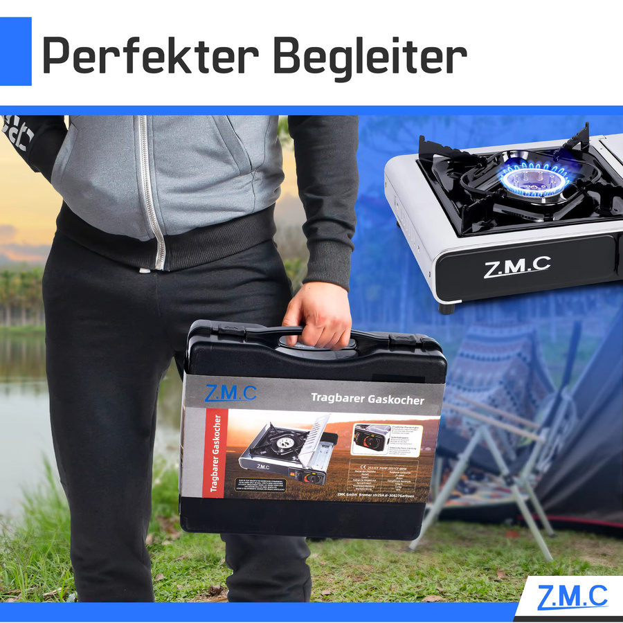 ZMC Campingkocher 1-flammig aus Edelstahl in Silber mit Piezo-Zündung und 4 Gaskartuschen à 227g im Transportkoffer - Bild 3