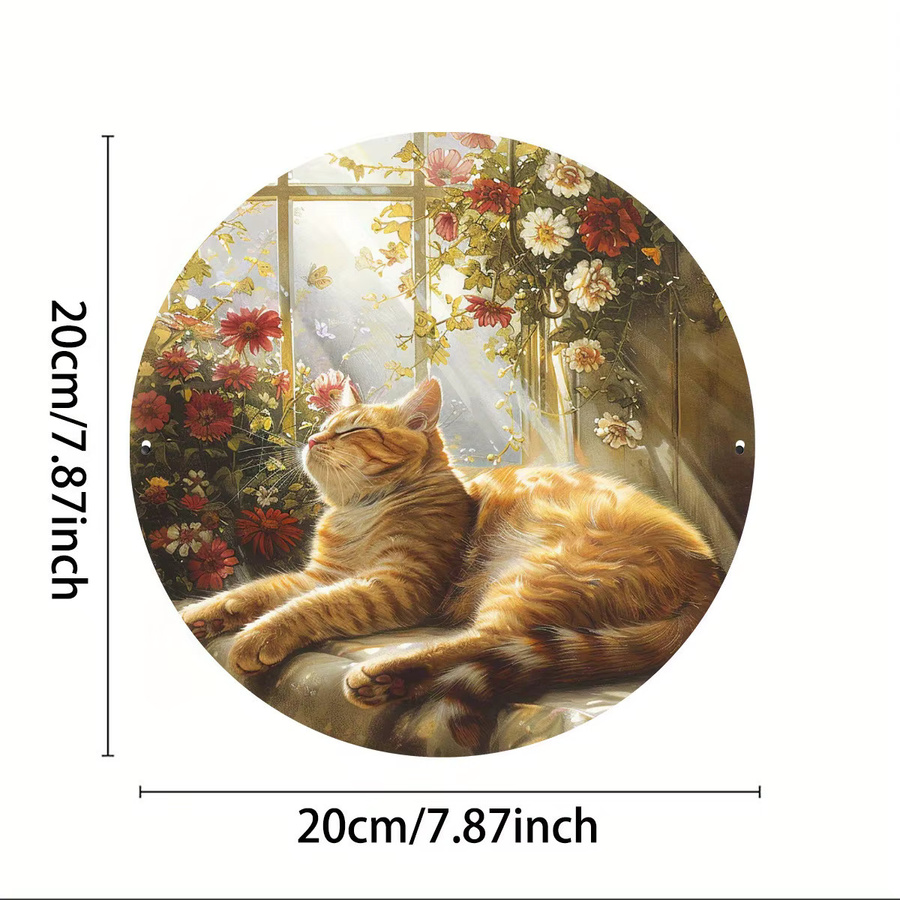 HELLOYOUNG Metallschild Ginger Tabby Cat in Sunlight mit floralem Motiv, rund, Mehrfarbig, Durchmesser: 20 cm - Bild 3