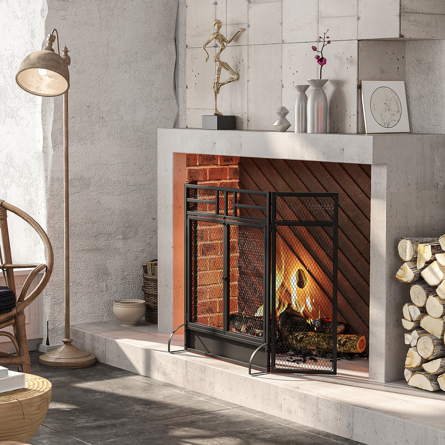 HOMCOM Funkenschutzgitter für Kamin aus Stahl mit 3 klappbaren Paneelen und Tür, Schwarz, Aosom - Bild 2