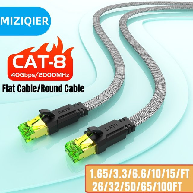 MIZIQIER CAT8 Ethernet-LAN-Kabel mit 40 Gbit/s und 2000 MHz, Baumwollgeflochtenes Netzwerk-Kabel mit RJ45-Anschluss für Laptop und Router - Bild 1