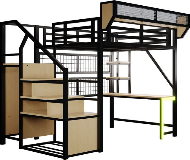 Merax Hochbett mit Schreibtisch und LED-Beleuchtung in Schwarz, B/T/H: 200 x 140 x 191 cm - Bild 1