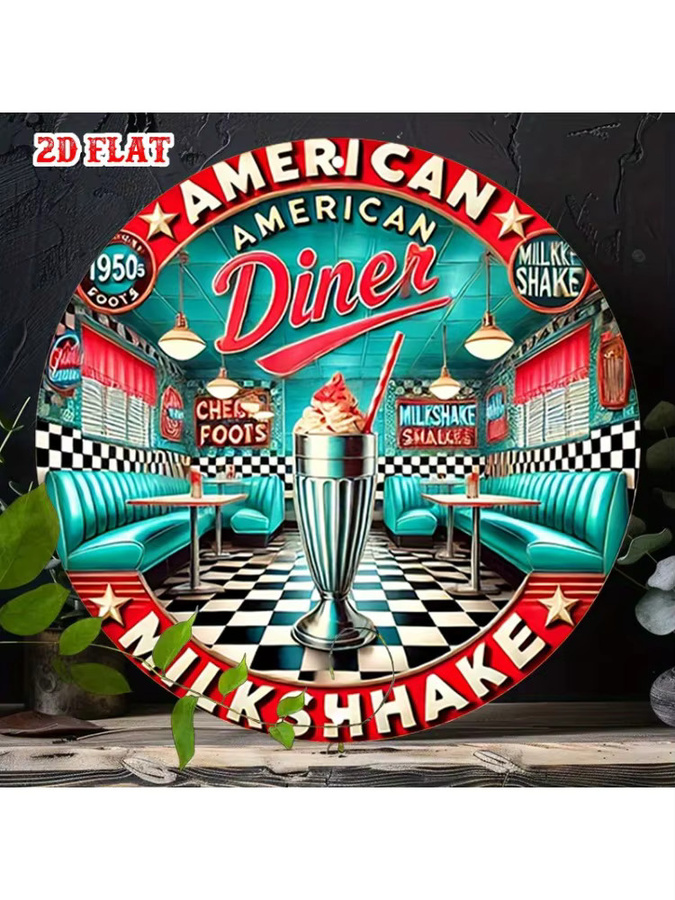 Potdemiel Vintage 1950er Jahre American Diner Milkshake Rundes Aluminiumschild aus Metall, Wanddekoration Mehrfarbig, Durchmesser: 20 cm - Bild 6