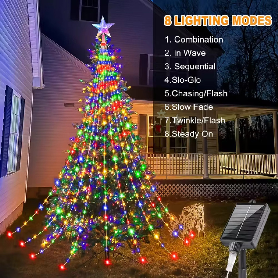 WELPUR Solarbetriebene LED Stern-Wasserfall-Lichterkette RGB Multicolour, IP67 wasserdicht, dekorative Vorhang-Lichterkette für Outdoor-Partys und Weihnachtsdeko - Bild 2