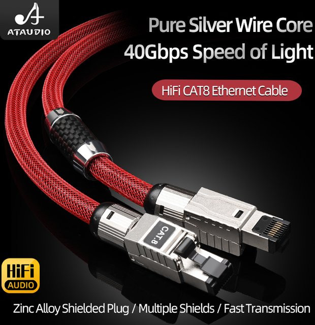 ATAUDIO HiFi Cat8 Ethernet-Kabel mit 6n reinem Silber, 40gbps Netzwerk-Patchkabel in Silber - Bild 1