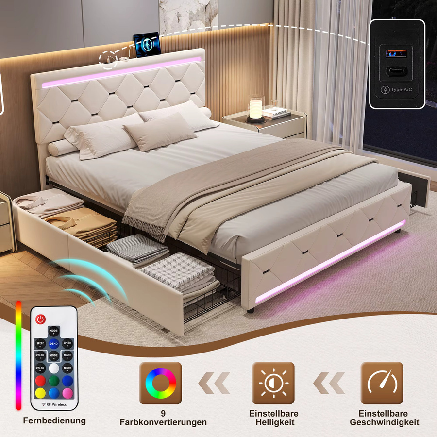 fangange Bettgestell mit Samtbezug in Beige mit vier Aufbewahrungsschubladen, LED-Farbwechselbeleuchtung und USB-Ladeanschlüssen, robustes Metall-Holzlattenrost-Bett, 160 x 200 cm - Bild 2
