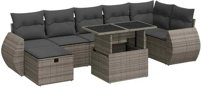 vidaXL 8-teilige Garten-Sofagarnitur in L-Form aus Polyrattan mit Kissen und Couchtisch in Grau - Bild 1
