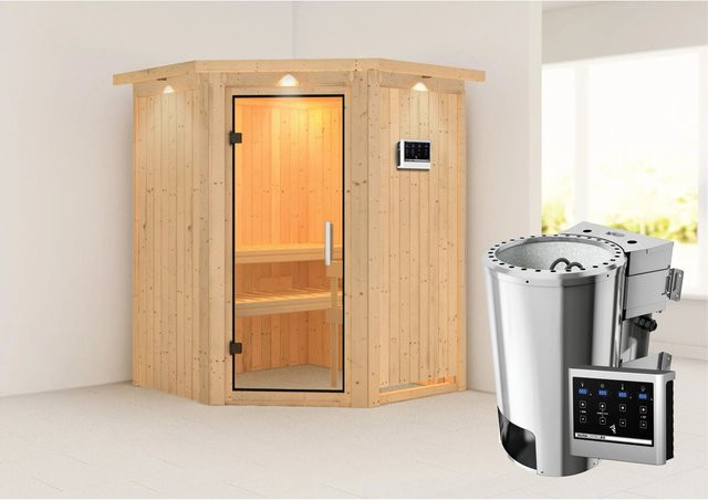 Karibu Sauna mit Bio-Ofen und externer Steuerung Easy LED-Dachkranz in Natur Braun - Bild 1