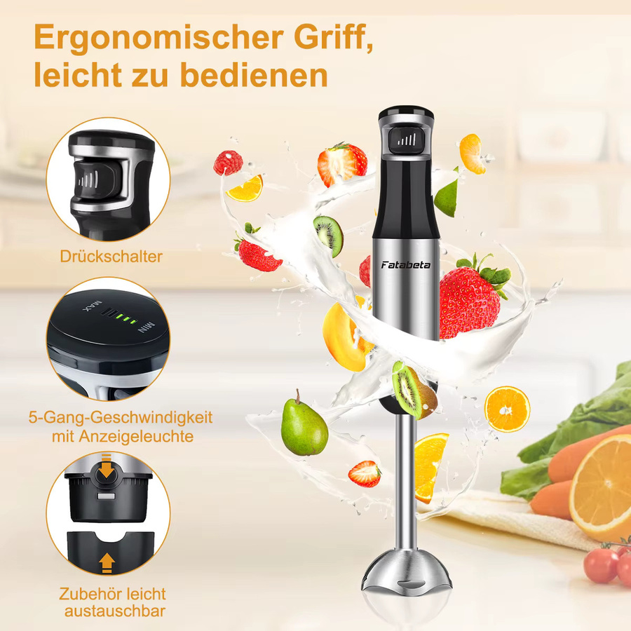 Fatabeta 6-in-1 Handstabmixer aus Edelstahl in Grau mit 5 Geschwindigkeitsstufen, Zerkleinerer, Schneebesen und Milchaufschäumer - Bild 2
