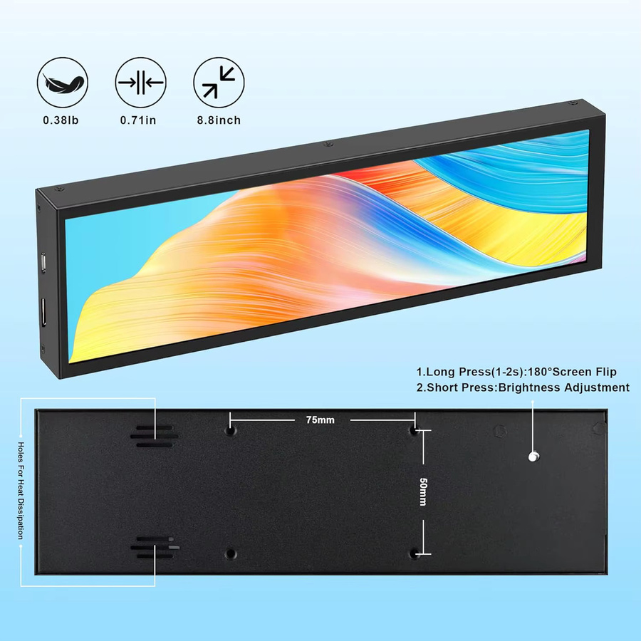 Wisecoco 8,8 Zoll FHD Long Wide Monitor mit Gehäuse, 1920x480 Auflösung, PC Sensor Panel Display zur Temperaturanzeige, Schwarz - Bild 6
