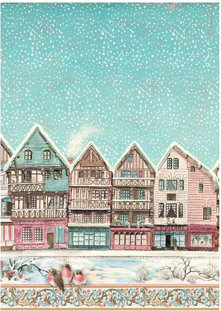 Stamperia Motiv-Strohseide Winter Magic - Village in Multicolor, Format A4 - Bild 1