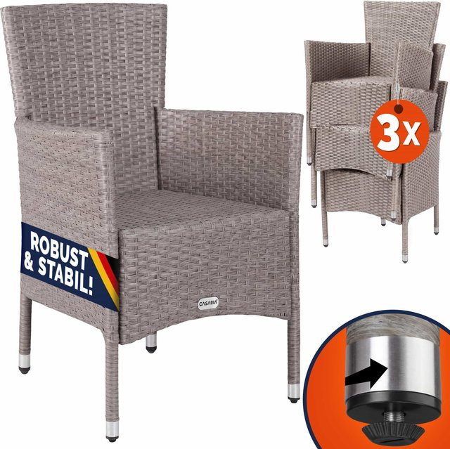 CASARIA Polyrattan Gartenstuhl 3er-Set in Beige, stapelbar und UV-beständig mit Armlehnen - Bild 1