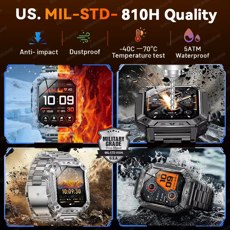 GUHUAVMI Militärische Outdoor Ultra-Sport-Smartwatch für Herren mit Bluetooth-Anruf, 5ATM wasserdicht und Rotlicht-Taschenlampe, Blau - Bild 4
