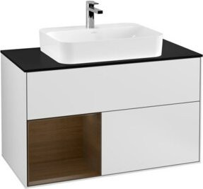 V&B Waschtischunterschrank Finion 100 in Weiß lackiert mit linkem Regal und Walnuss-Elementen, Breite: 100 cm, Tiefe: 50,1 cm, Höhe: 50,1 cm - Bild 1
