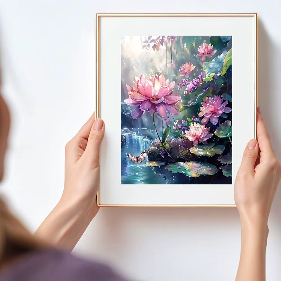 Huacan 5D-Diamantgemälde Lotus-Wasserfall Blumenlandschaft zum Selbermachen, Multicolor, B/H: 30 x 20 cm - Bild 3